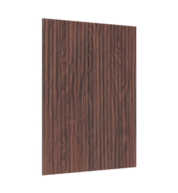 Brown wood grain decorative laminate with strand finish and dark vertical wood pattern on a white background