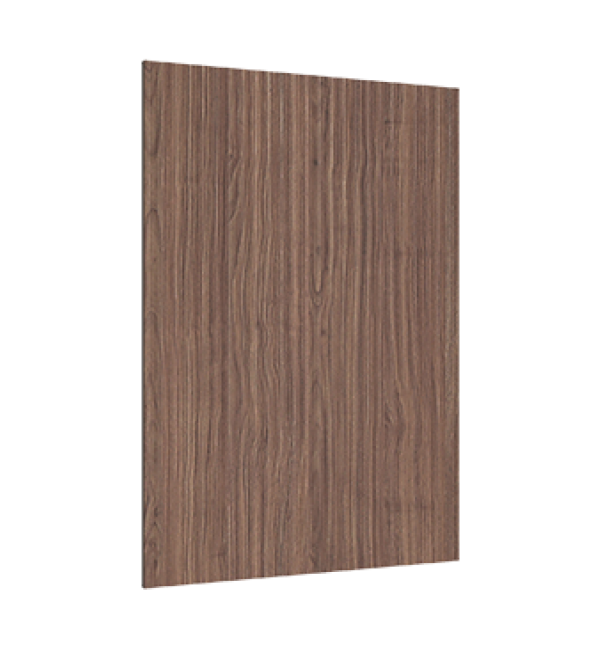 Brown wood grain decorative laminate with strand finish and vertical wood texture pattern on rectangular sheet