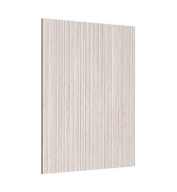 Beige fluted decorative laminate with vertical grooves and matte finish, showcasing wood grain texture on a rectangular