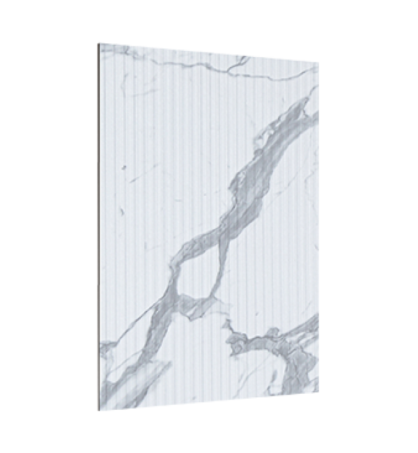 Grey marble laminate with strand finish and veining pattern, showing textured surface and vertical striations on white