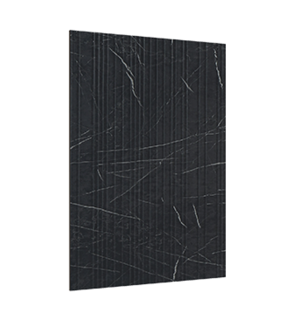 Black marble laminate with white veining and shore finish, showing textured surface and vertical striations.