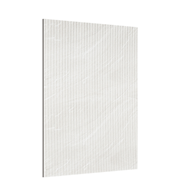 Beige fluted decorative laminate with vertical ridges and subtle sheen on a plain white background