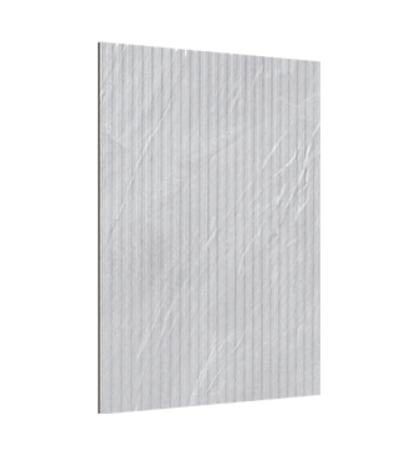 Grey decorative laminate with fluted pattern and strand finish, showing vertical texture and subtle sheen on its surface.