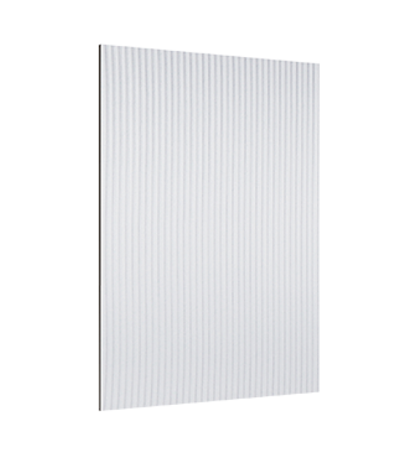 White fluted decorative laminate with vertical ridges and Echoe finish, showcasing its texture and pattern on a flat surface.