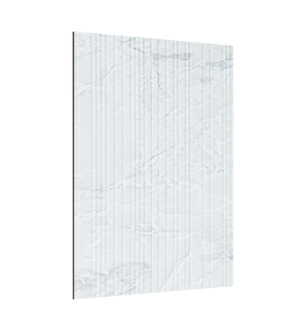 White marble laminate with subtle veining and shore finish, showing vertical texture and slight sheen on its surface.
