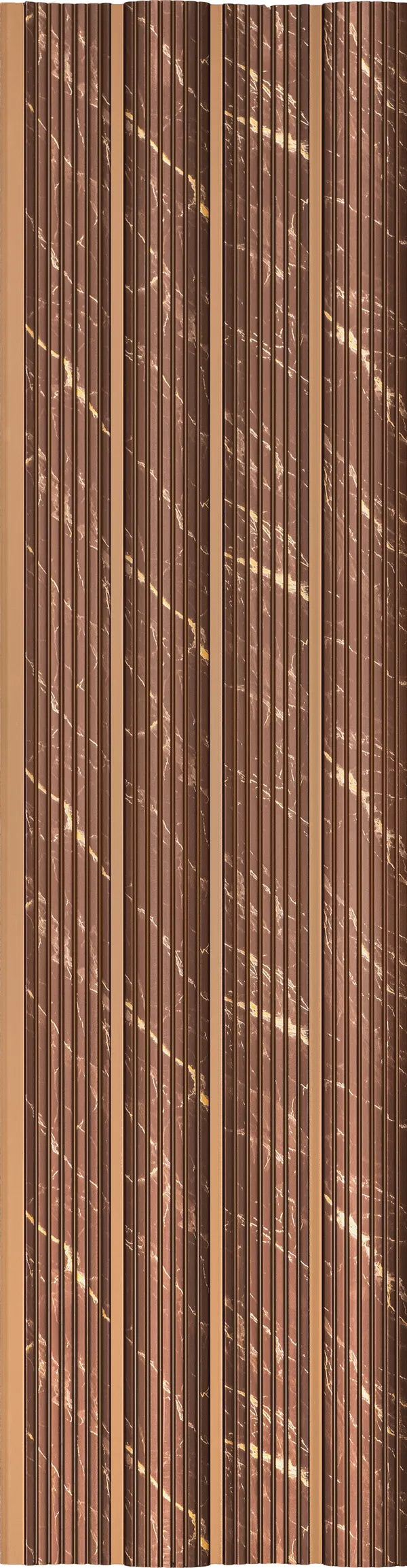Brown marble louver panel with textured finish and gold veining on vertical slats with beige separators between sections