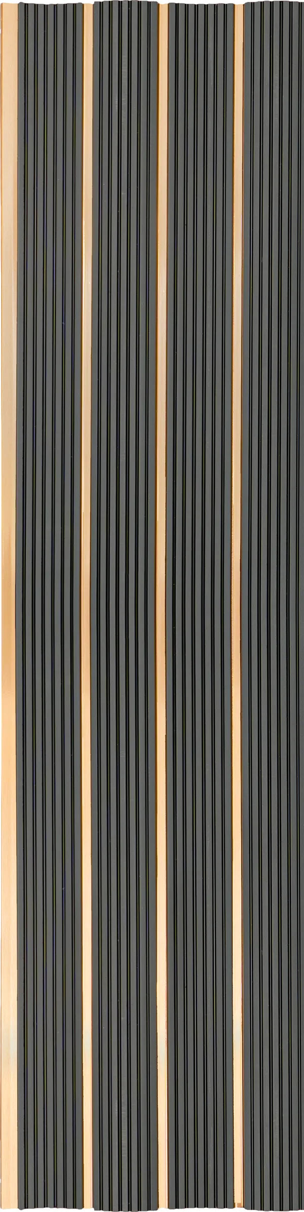 Grey wood louvers with textured finish and vertical slats, showing wood grain pattern and light beige spacing between slats.