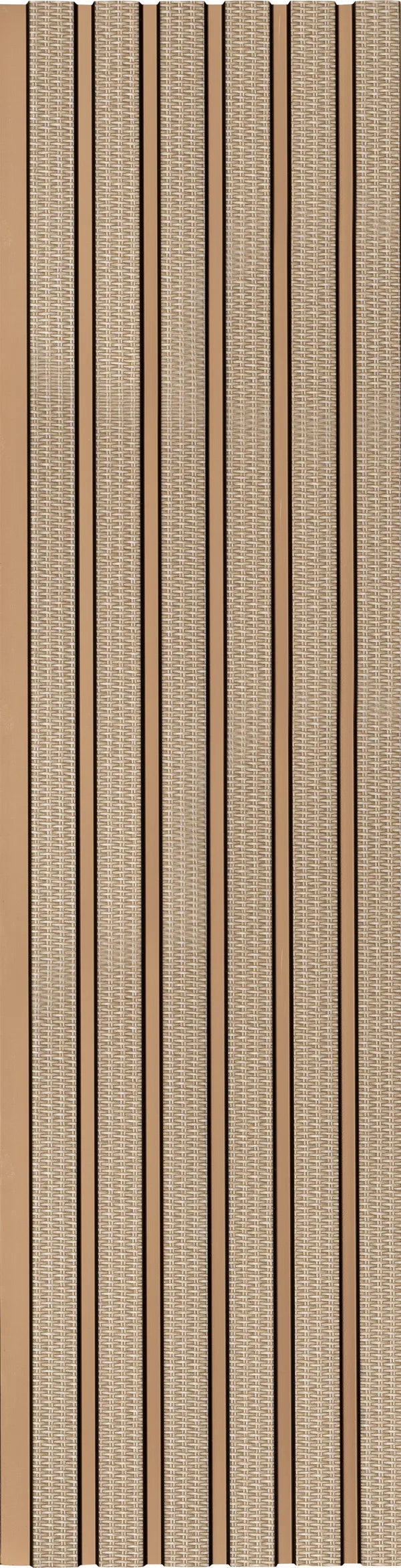 Brown textured louver panel with geometric pattern on vertical slats, showcasing a designer finish and textured surface.