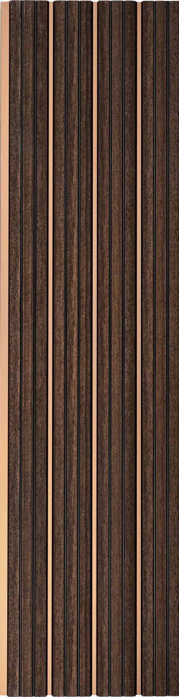 Brown wood louver panel with textured finish and vertical slats, showing wood grain pattern and subtle sheen.