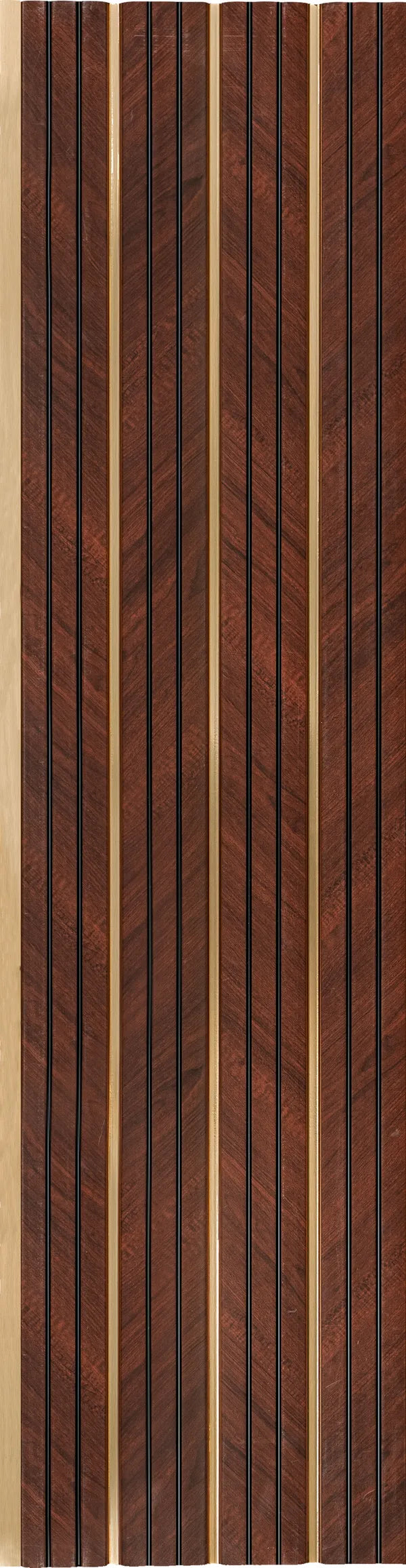 Brown wood louver with textured finish and diagonal wood grain pattern on slats separated by thin beige strips