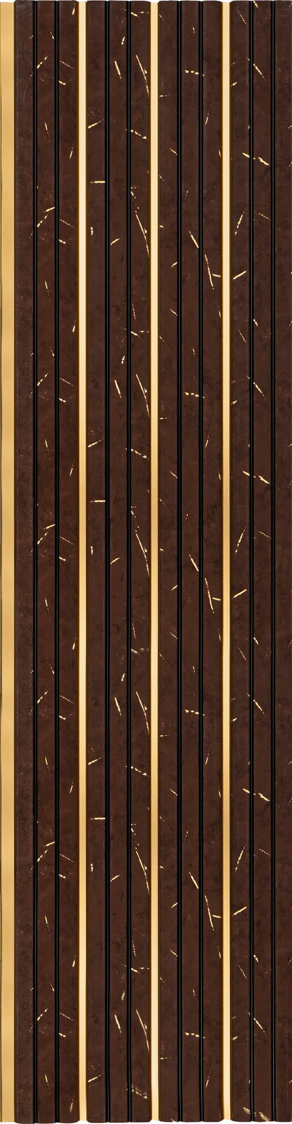 Brown marble wall panel with textured finish and gold accents in a louver design with vertical slats and flecks.