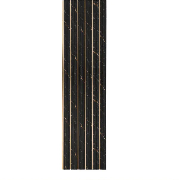 Brown marble wall panel with textured finish and gold veining, vertical louver design, multiple slats visible.