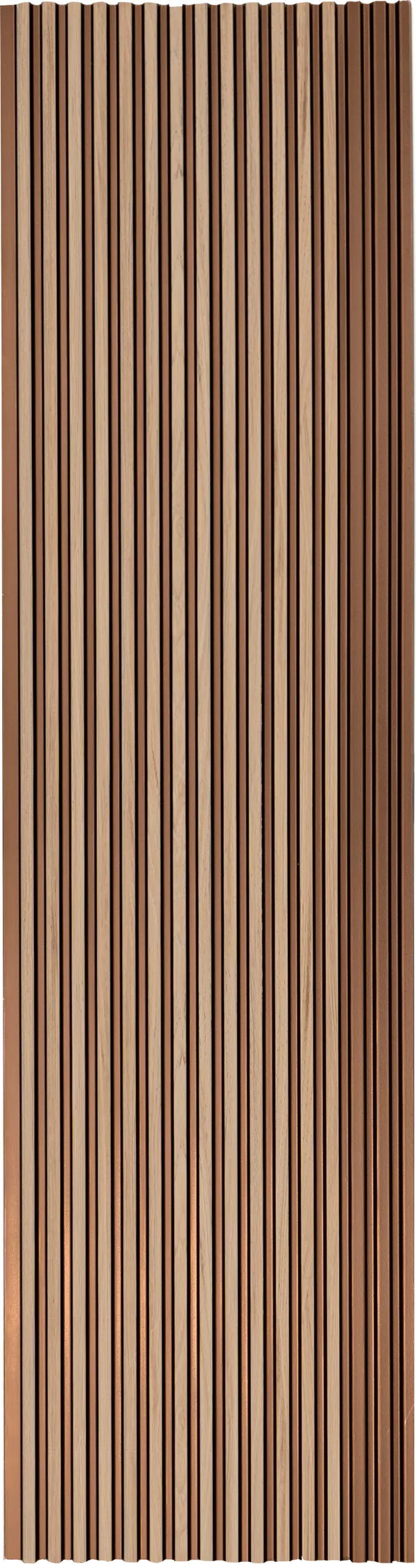 Brown wood louvers with textured finish and visible wood grain pattern in vertical slats.
