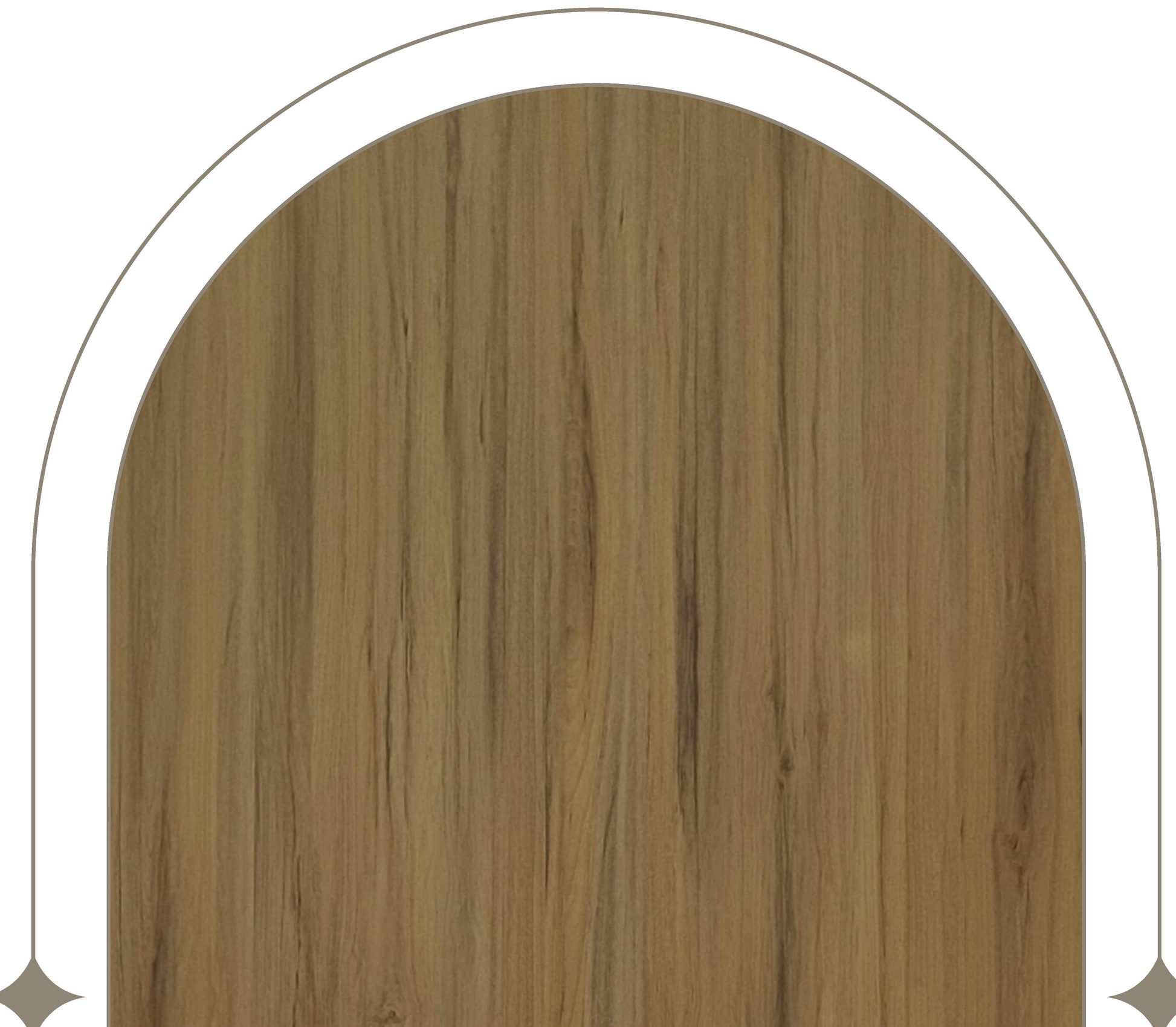 Brown wood laminate with vertical grain and textured finish in arched frame.