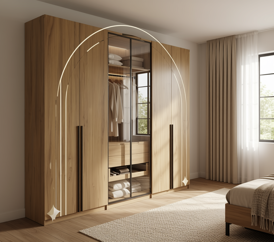 Brown wood laminate with vertical grain and textured finish in arched frame.
