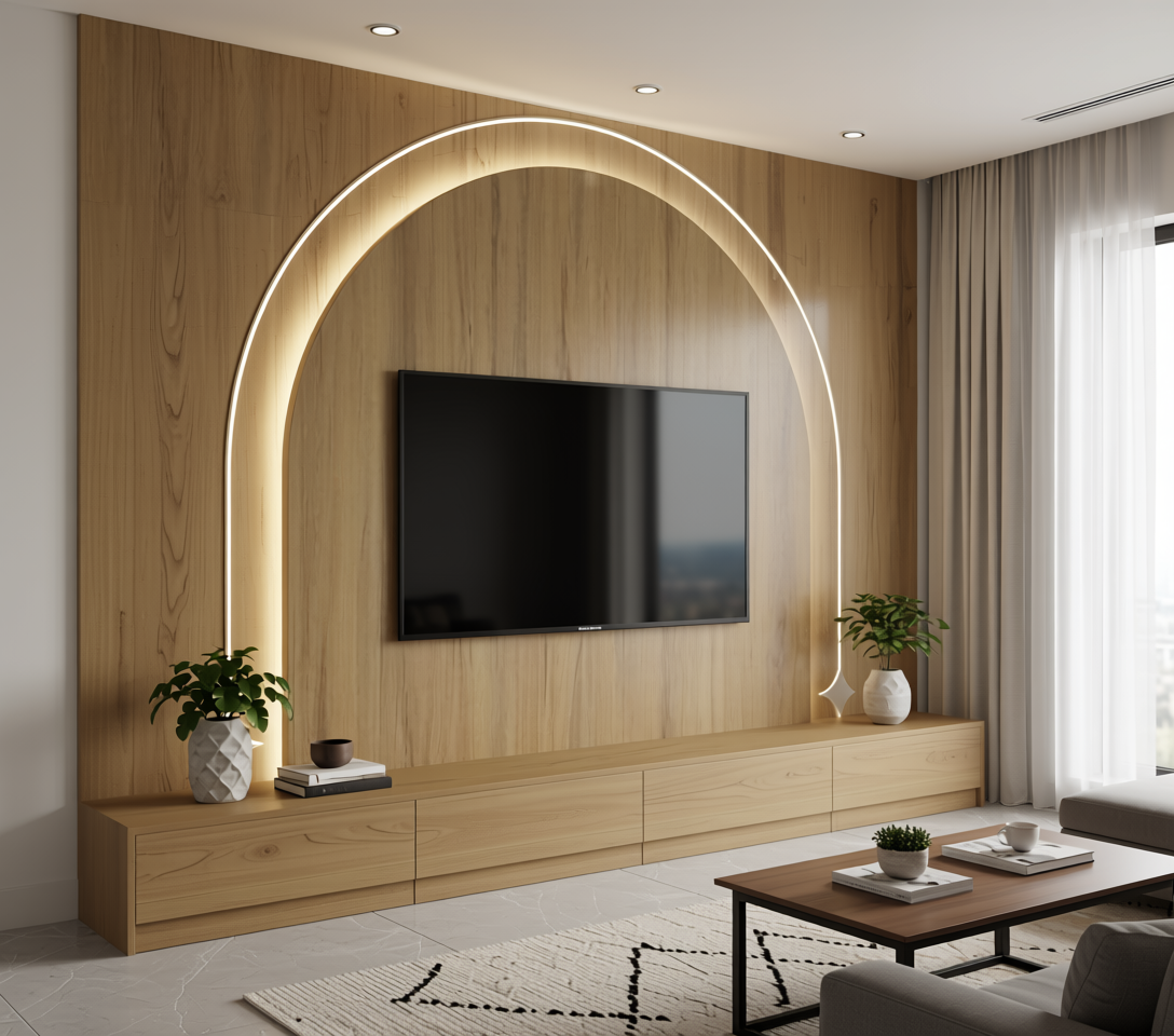 Brown wood laminate with vertical grain and textured finish in arched frame.