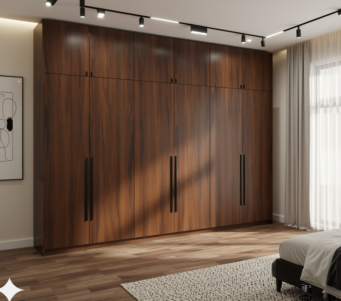 Brown wood laminate with textured finish and vertical grain direction.