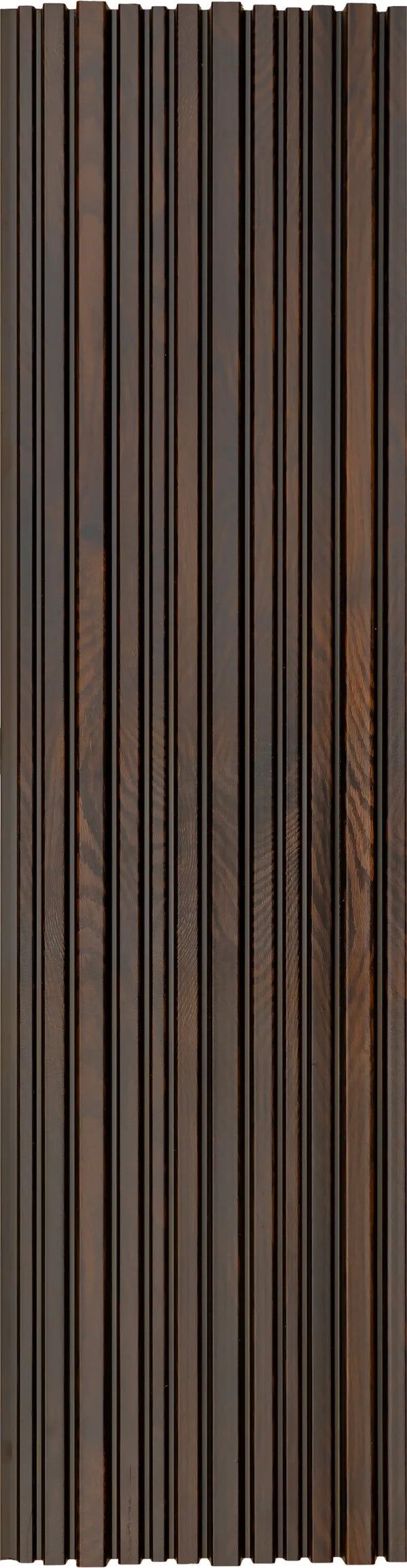 Brown wood louver panel with textured finish and wood grain pattern, featuring vertical slats with visible wood texture and
