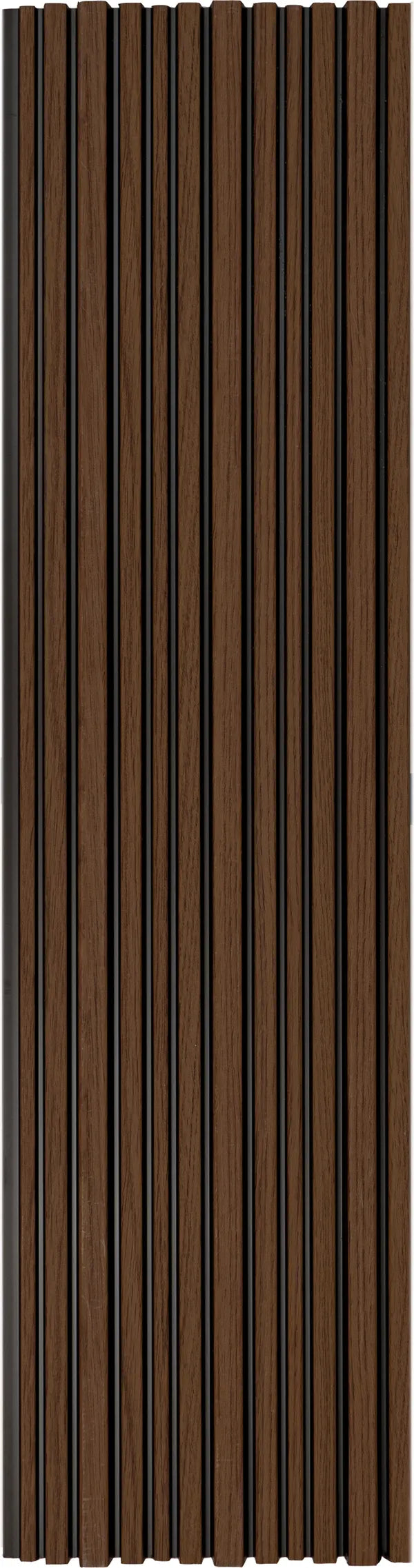 Brown wood louver panel with textured finish and visible wood grain pattern on vertical slats