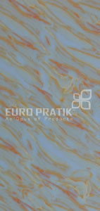 Multi-color textured designer louver panel with orange swirls on blue background and Euro Pratik logo.