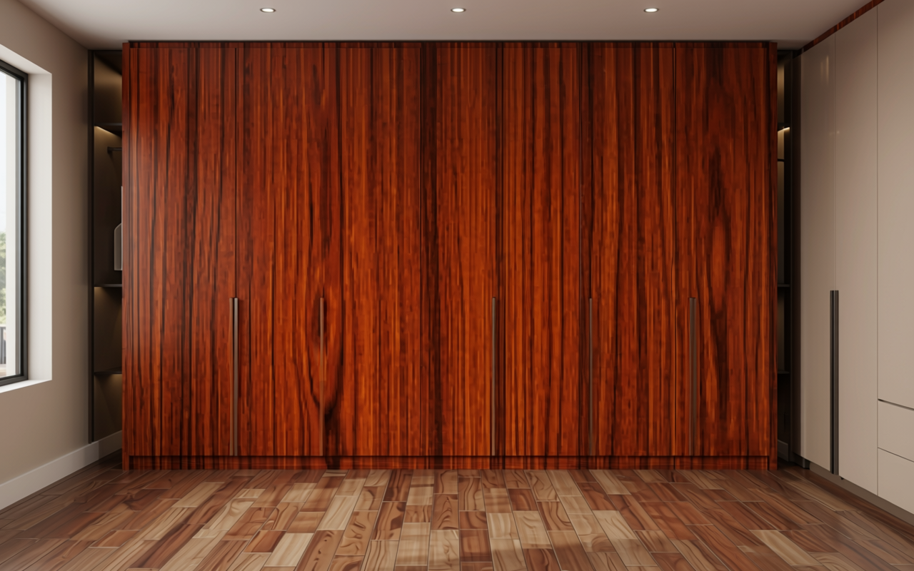 Reddish-brown decorative MDF with wood grain texture and vertical grain direction.