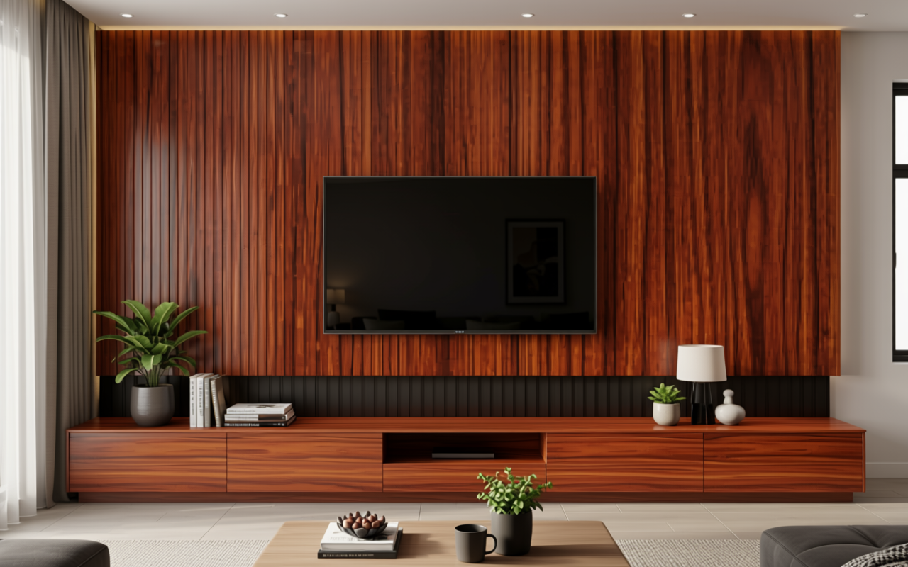 Reddish-brown decorative MDF with wood grain texture and vertical grain direction.
