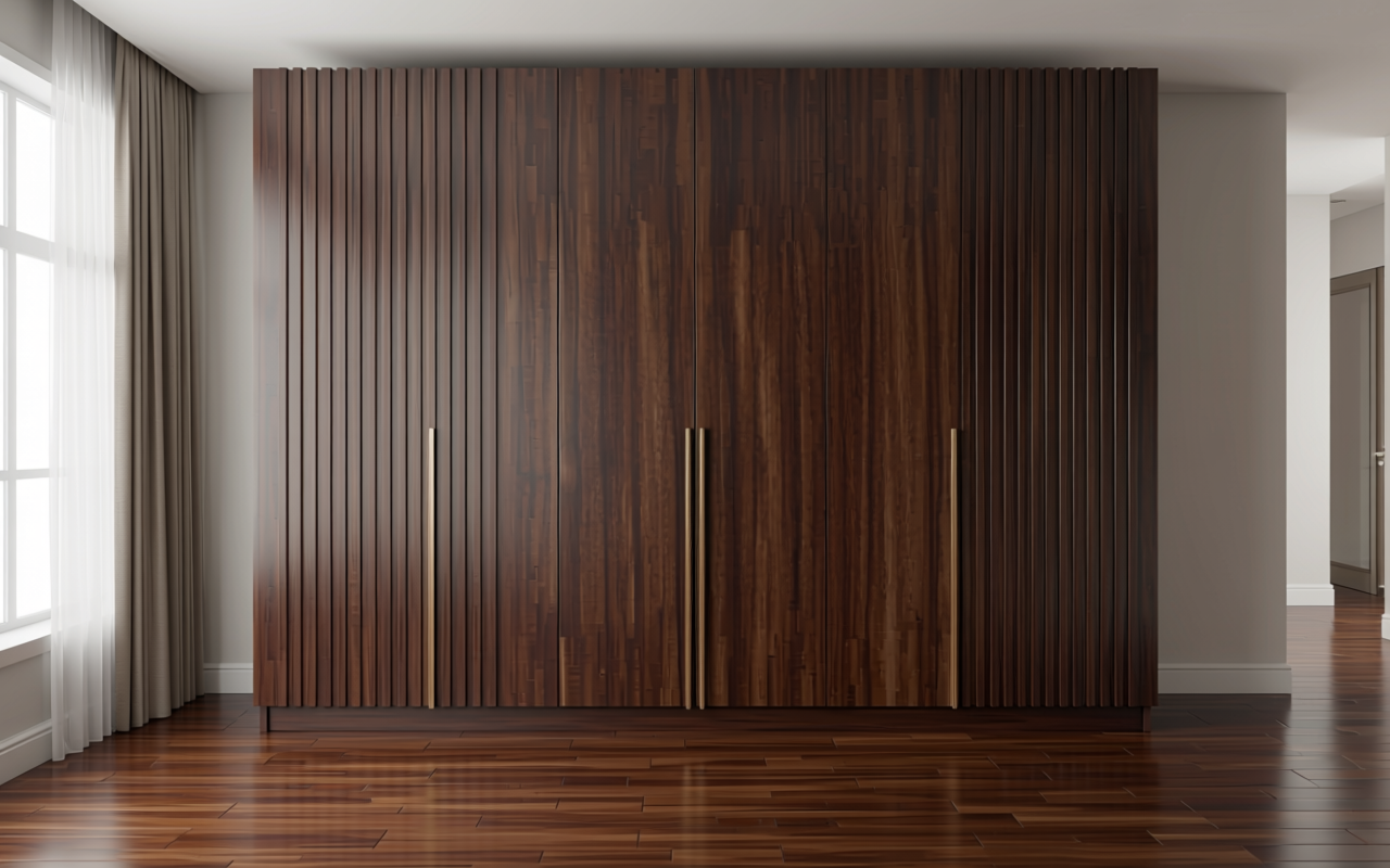 Dark brown decorative mdf sheet with textured wood grain pattern and vertical striations.