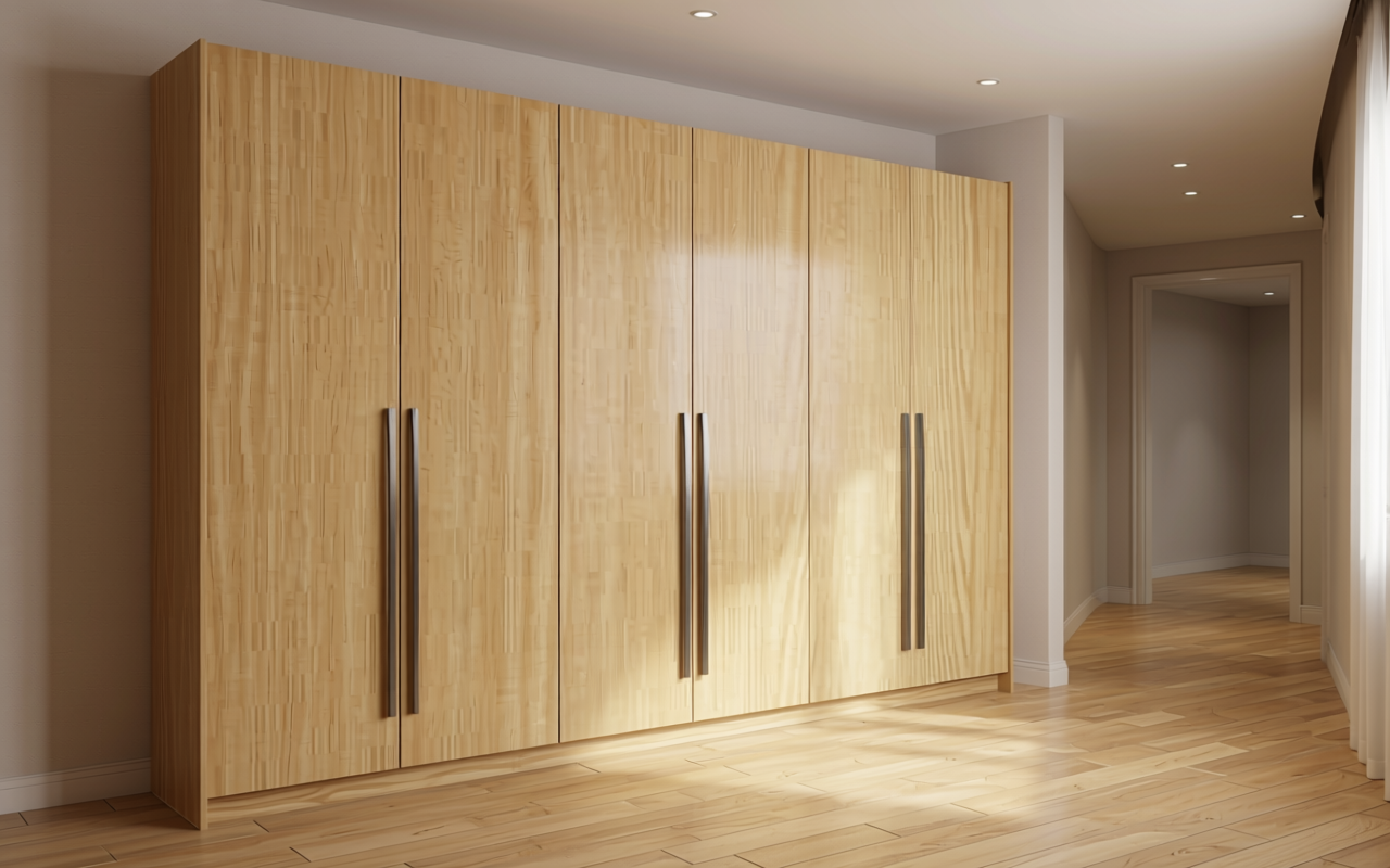 Light beige decorative mdf with vertical wood grain texture and subtle sheen.