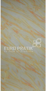 Beige textured louver wall panel with orange streaks and Euro Pratik logo, showcasing texture and designer pattern.