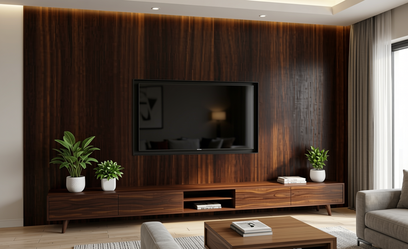 Dark brown wood grain mdf decorative panel with textured finish and vertical grain direction.
