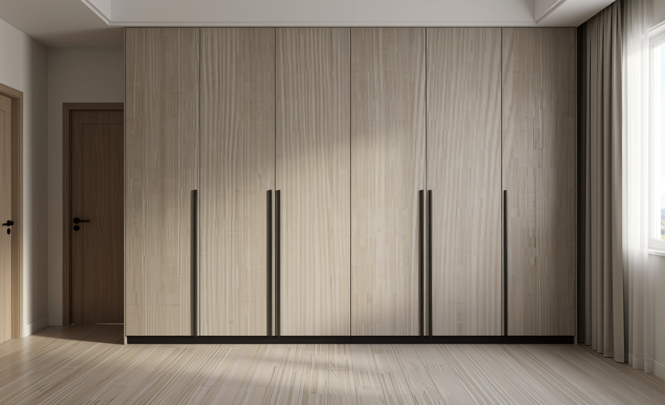 Light beige decorative mdf with vertical wood grain texture and subtle sheen.