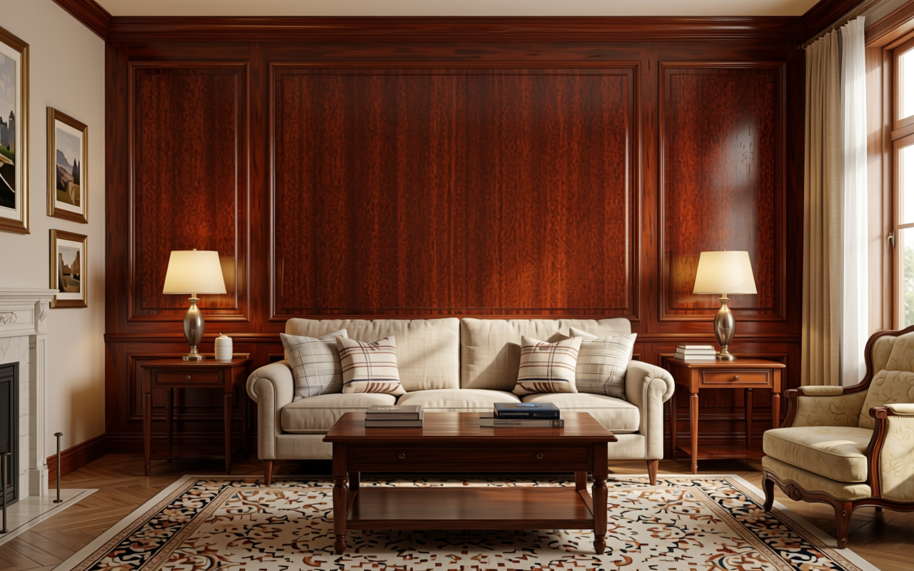 Dark reddish-brown decorative MDF sheet with textured wood grain pattern and vertical striations.