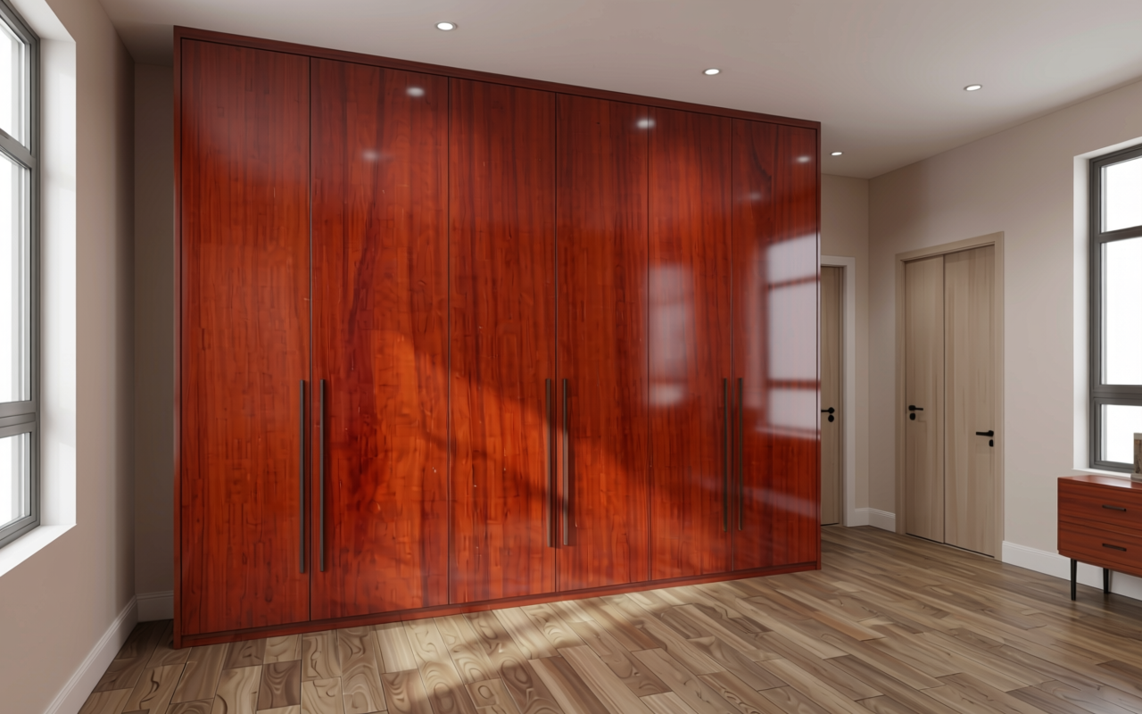 Red-brown decorative MDF sheet with wood grain texture and vertical pattern.