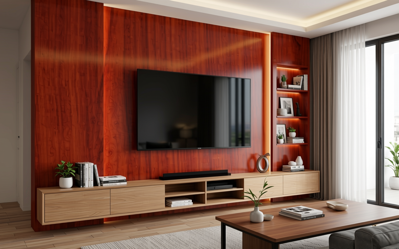 Red-brown decorative MDF sheet with wood grain texture and vertical pattern.