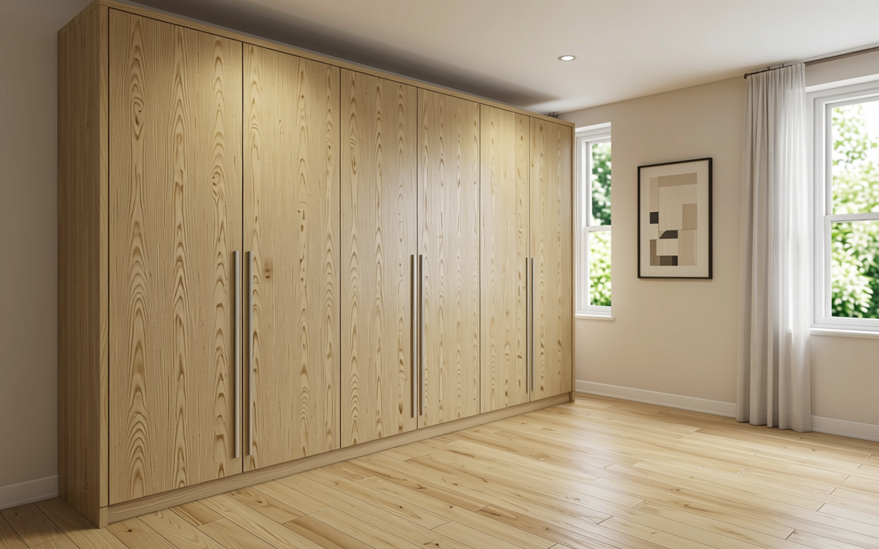 Light beige decorative mdf with vertical wood grain texture and subtle sheen.