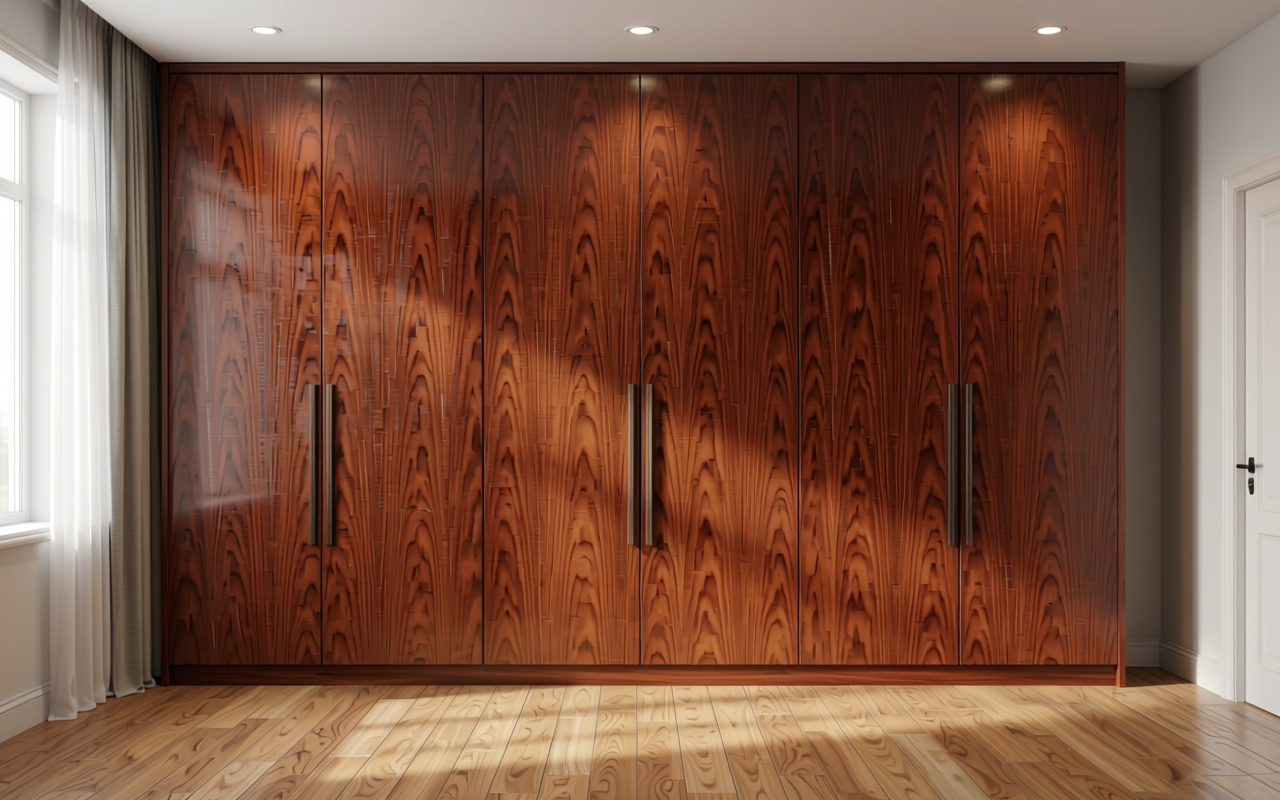 Brown decorative mdf with vertical wood grain texture and medium sheen finish.