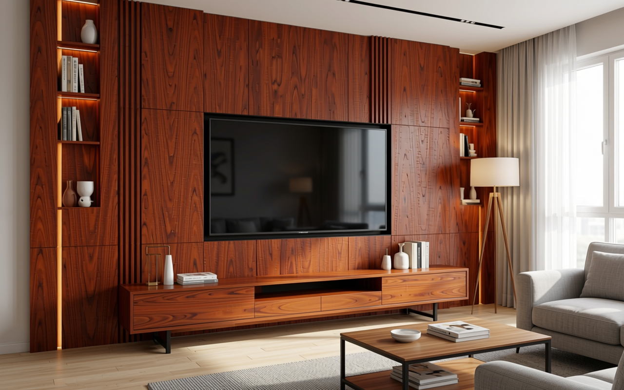 Brown decorative mdf with vertical wood grain texture and medium sheen finish.