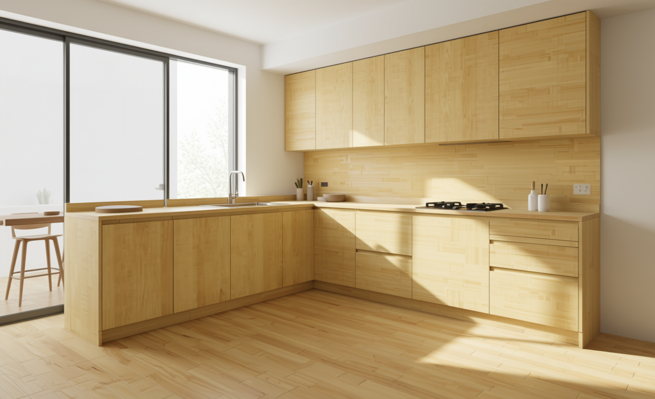 Light yellow mdf decorative sheet with vertical wood grain texture and matte finish.