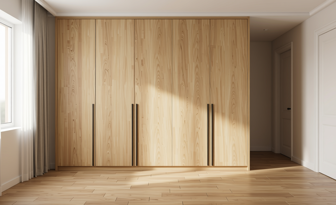 Light beige decorative mdf with vertical wood grain texture and subtle sheen.