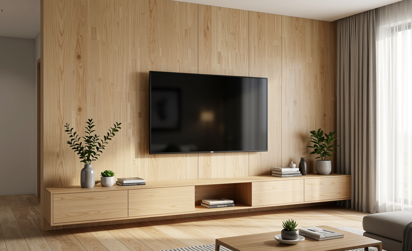 Light beige decorative mdf with vertical wood grain texture and subtle sheen.