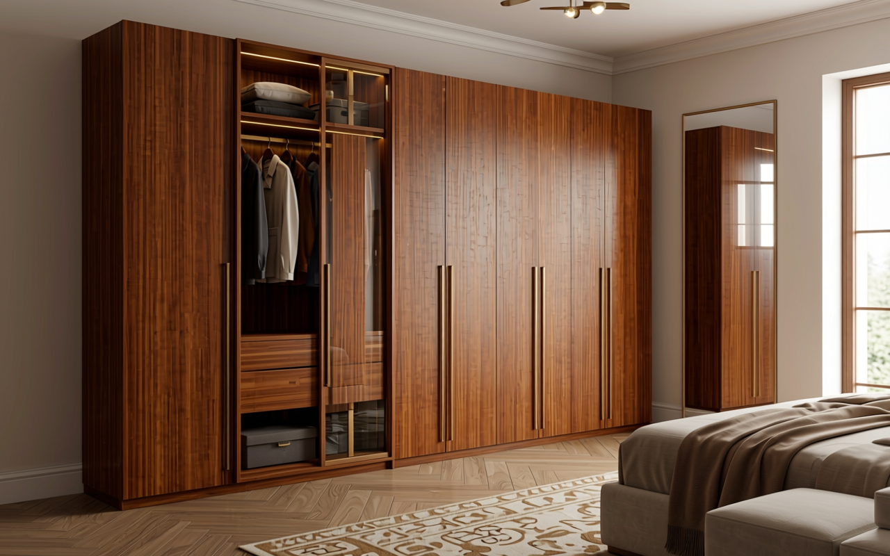Brown decorative mdf with vertical wood grain texture and medium sheen finish.