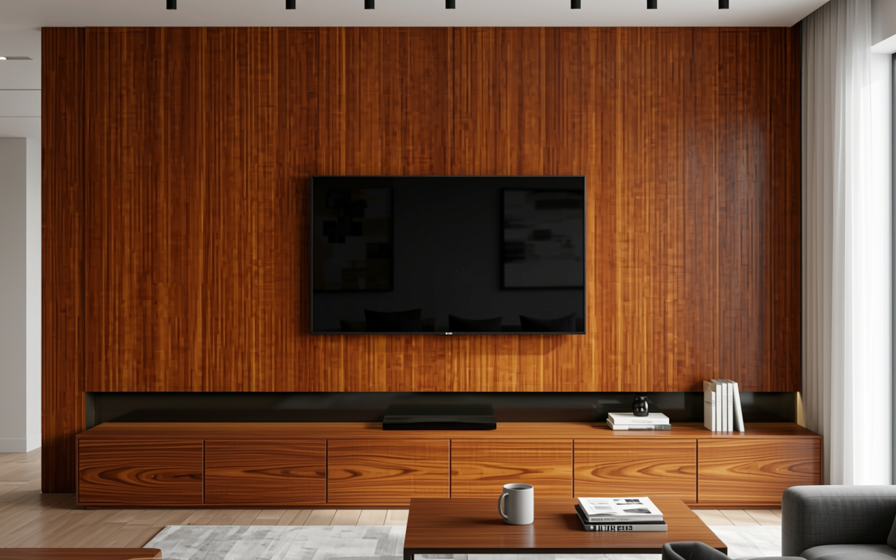 Brown decorative mdf with vertical wood grain texture and medium sheen finish.