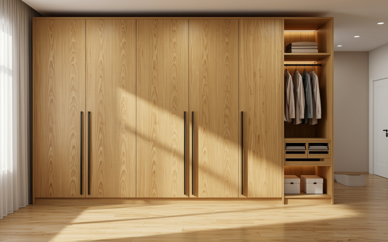 Light brown decorative mdf with textured wood grain pattern and vertical grain direction.
