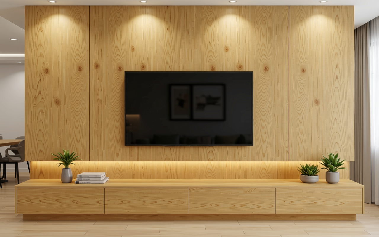 Light brown decorative mdf with textured wood grain pattern and vertical grain direction.