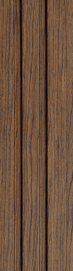 Brown wooden louver panel with textured wood grain finish and vertical slats.