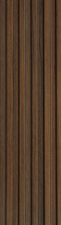 Brown wood louver panel with textured wood grain finish and vertical slats.