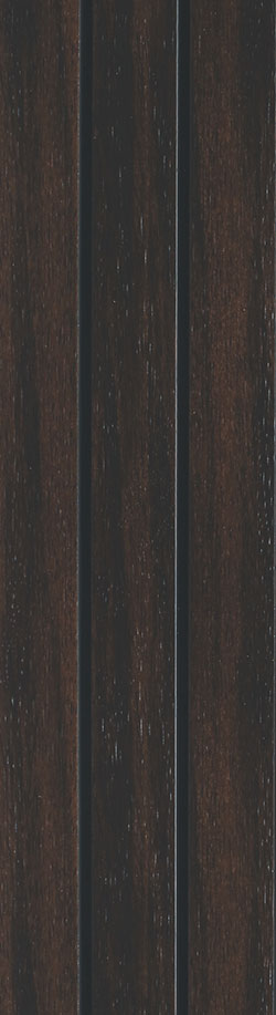Brown wood louver panel with textured finish and wood grain pattern, featuring vertical slats with dark gaps between them