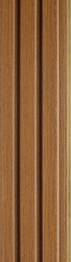 Brown wood louver panel with textured wood grain finish and vertical slats