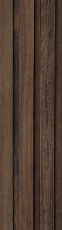 Brown wood louver panel with textured finish and visible wood grain pattern on vertical slats