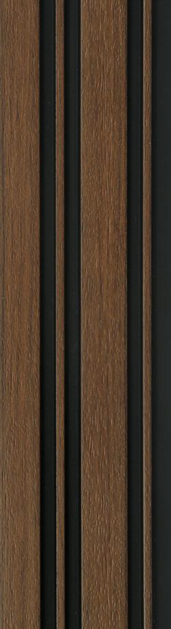 Brown wood louver panel with textured finish and visible wood grain, featuring vertical slats with dark gaps between them.